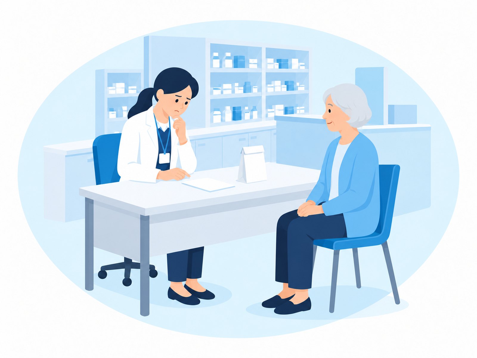 投薬カウンターで薬剤師が違和感に気づく場面(フラットイラスト)