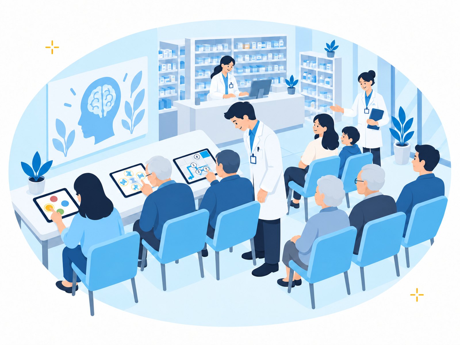 薬局の相談スペースで、薬剤師が来局者とタブレットの結果を一緒に見ている様子(現場写真)