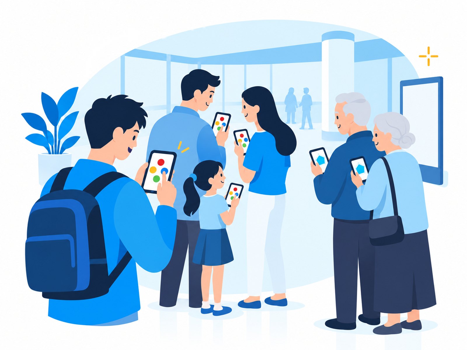 参加者が自分のスマートフォンで二次元コードを読み取り、その場で測定に参加しているイラスト