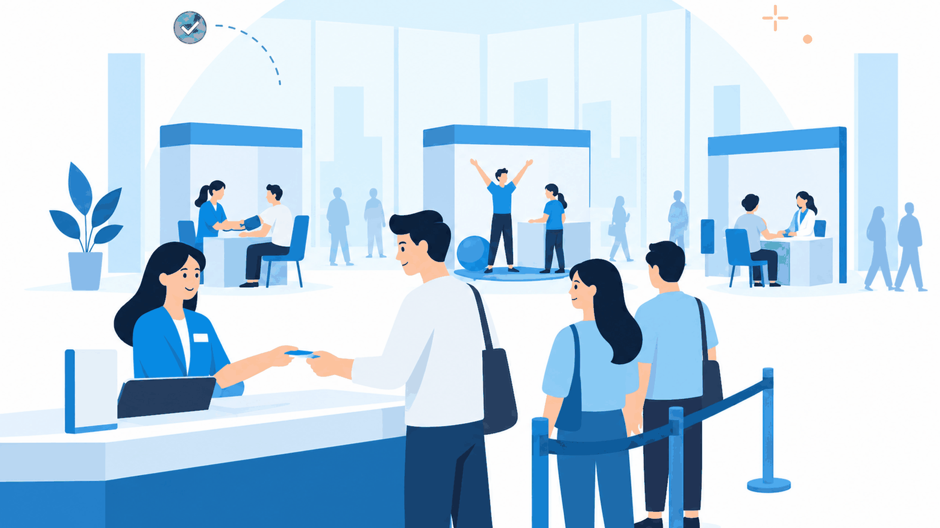 受付とブースが並ぶイベント会場で、多世代の参加者が脳体力チェックを体験しているイラスト