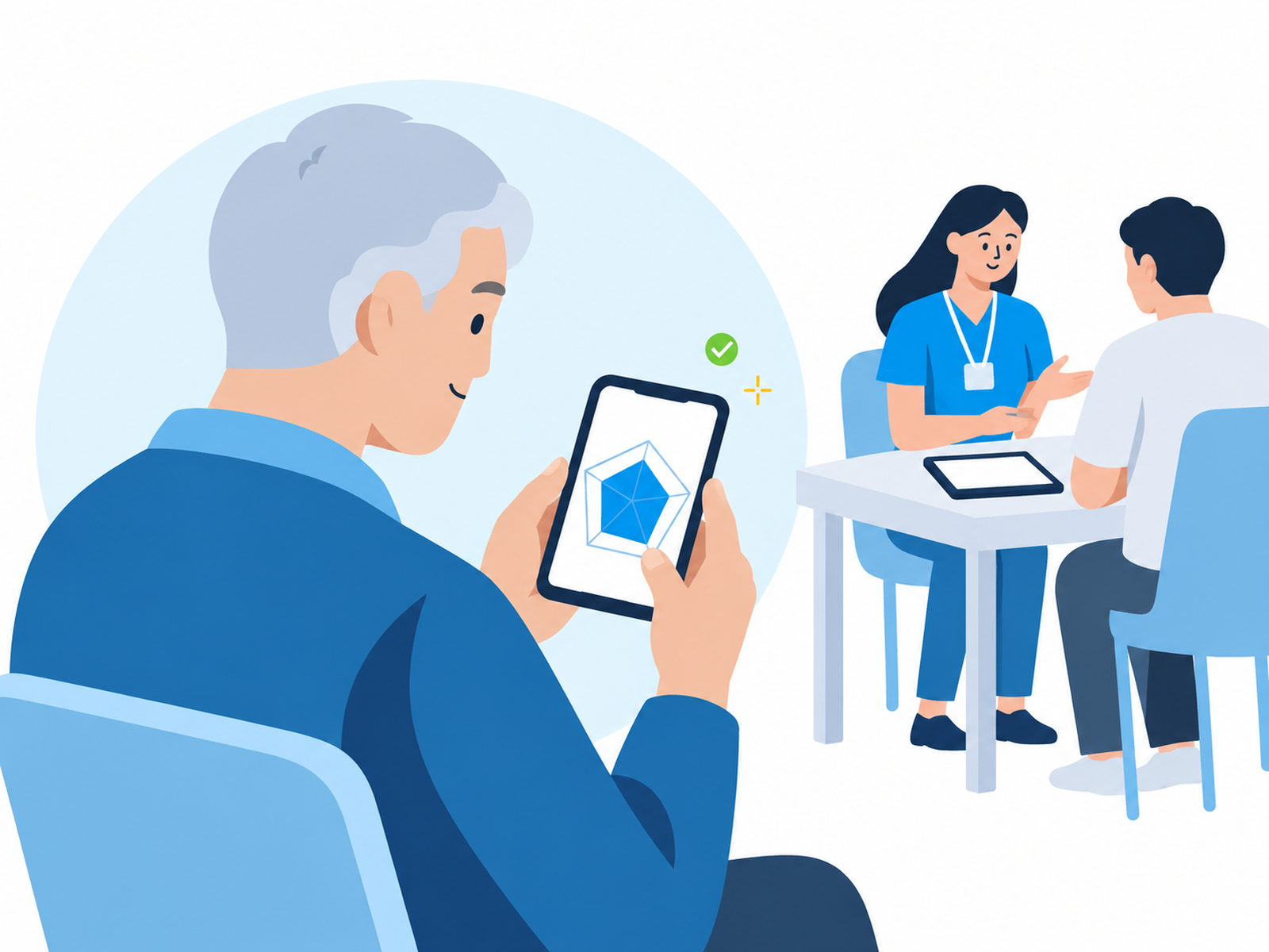 測定会で、自分のスマートフォンに返ってきたレポートを読む場面